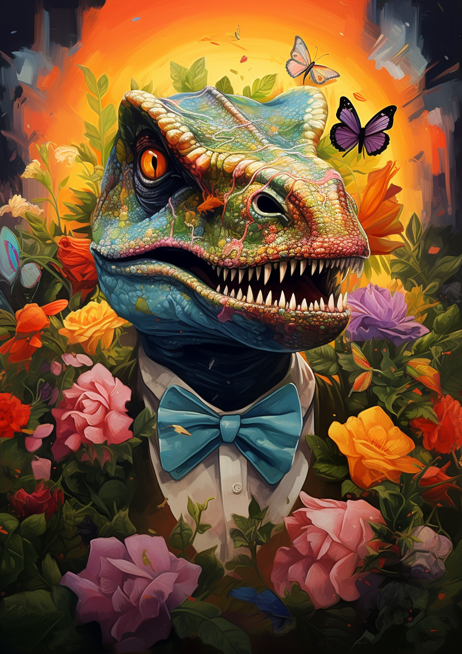 Dinosaur Mask with Fancy Shirt and Colorful Flowers