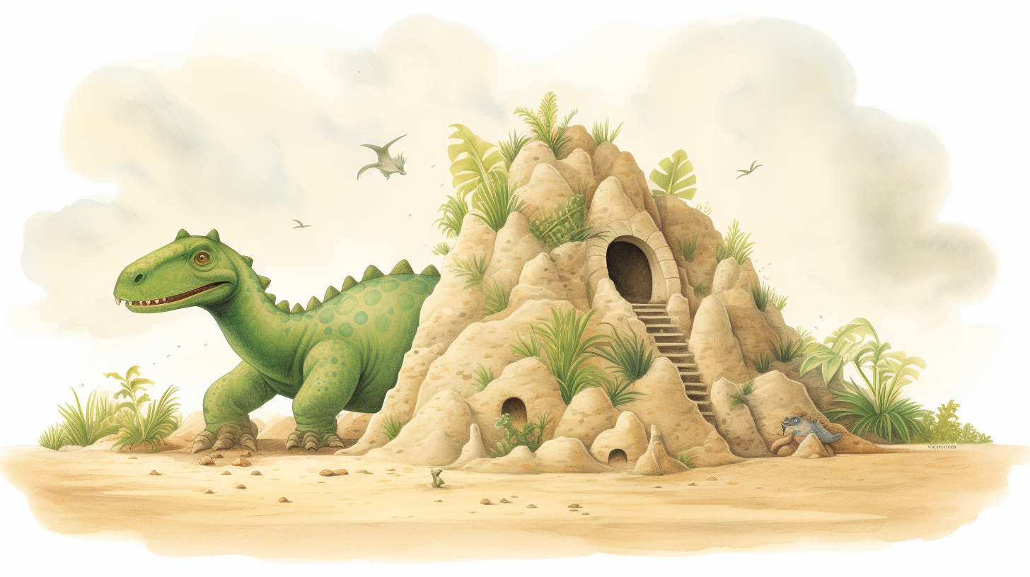 Dinosaur sand castle covered in grassy mounds