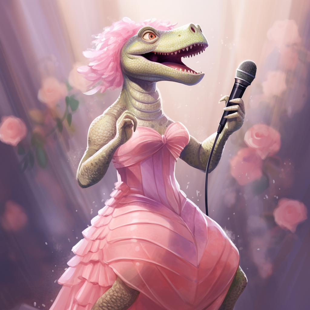 Dinosaur singing in tutu and heels