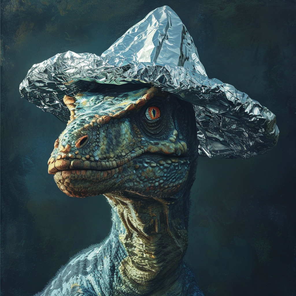 Humorous dinosaur with tin foil hat