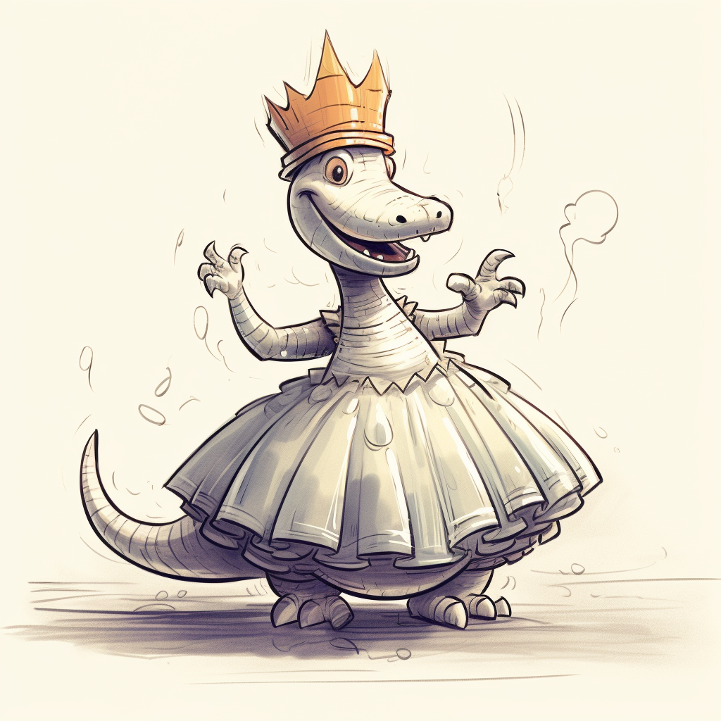 Colorful Cartoon Dinosaur Dancing with Tutu and Crown