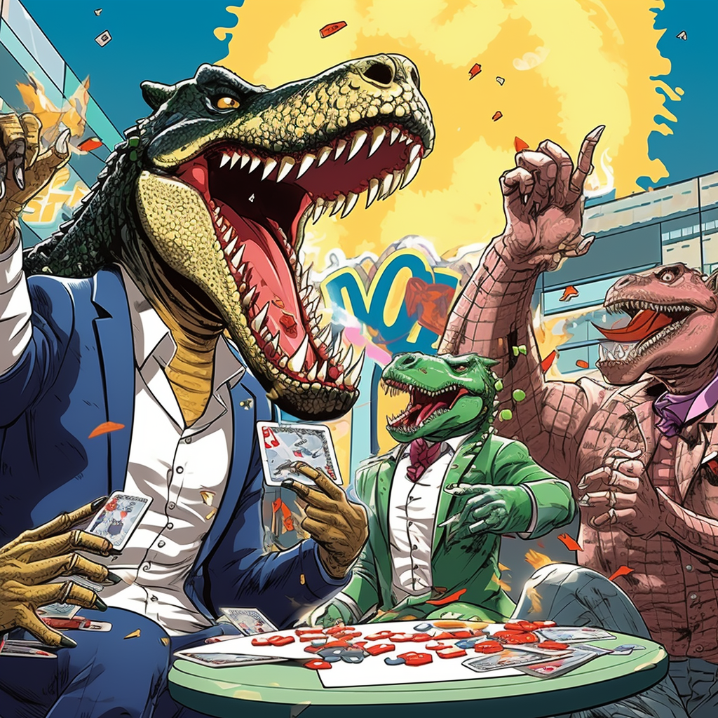 Unusual Poker Game with Dinosaur, Dog, Yakuza, and Crocodile