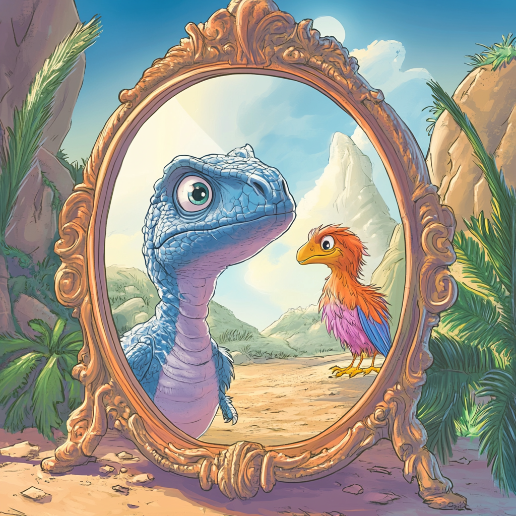 Dinosaur surprised looking into mirror