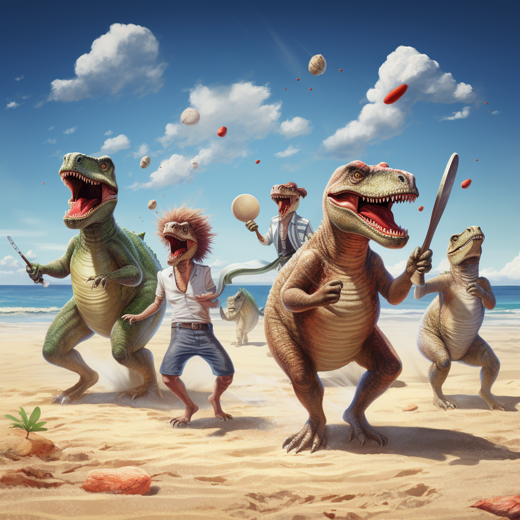 Dinosaurs playing beach cricket game