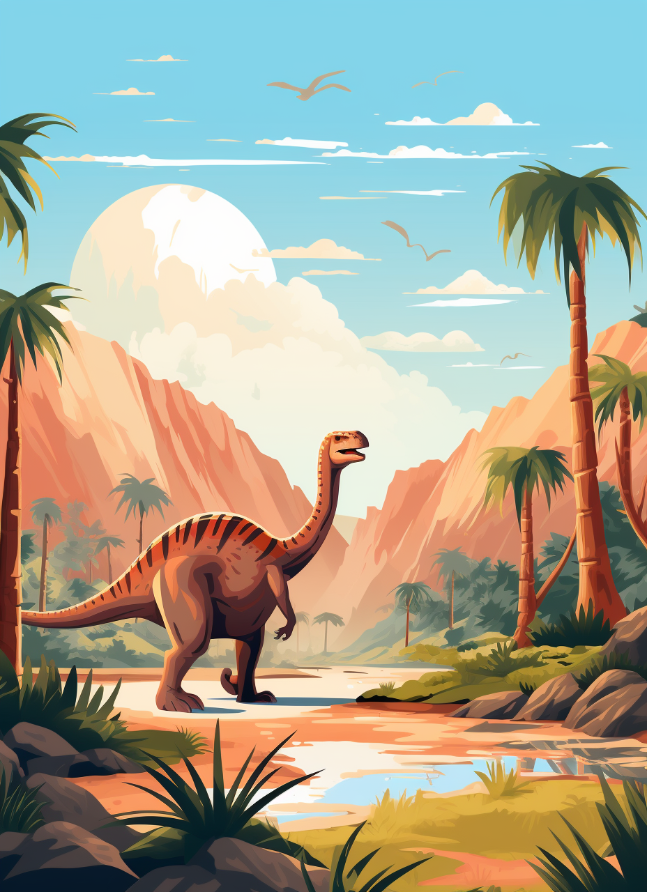 Cartoon-style dinosaurs in prehistoric landscape