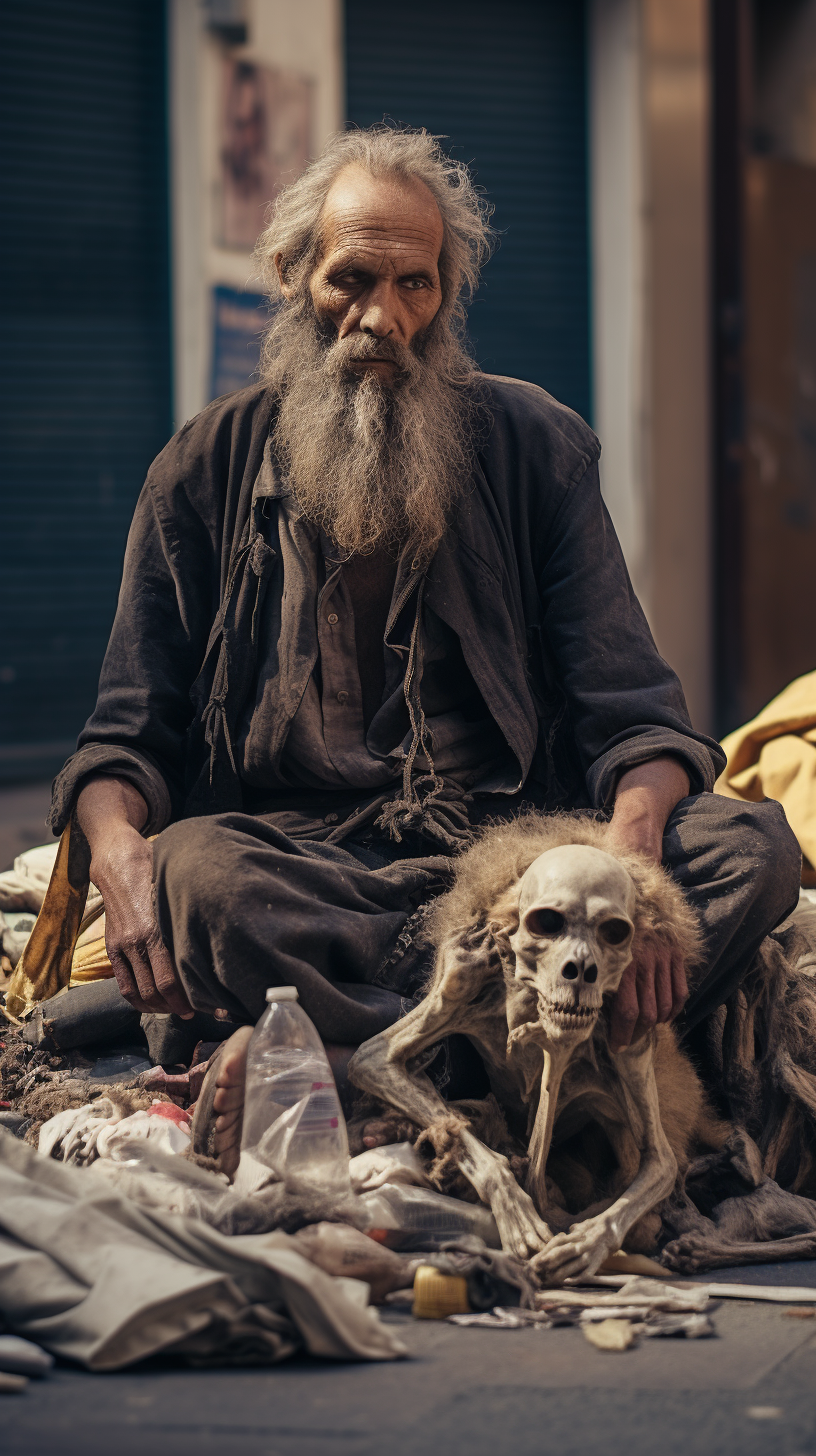 Diogenes sitting on bones peacefully