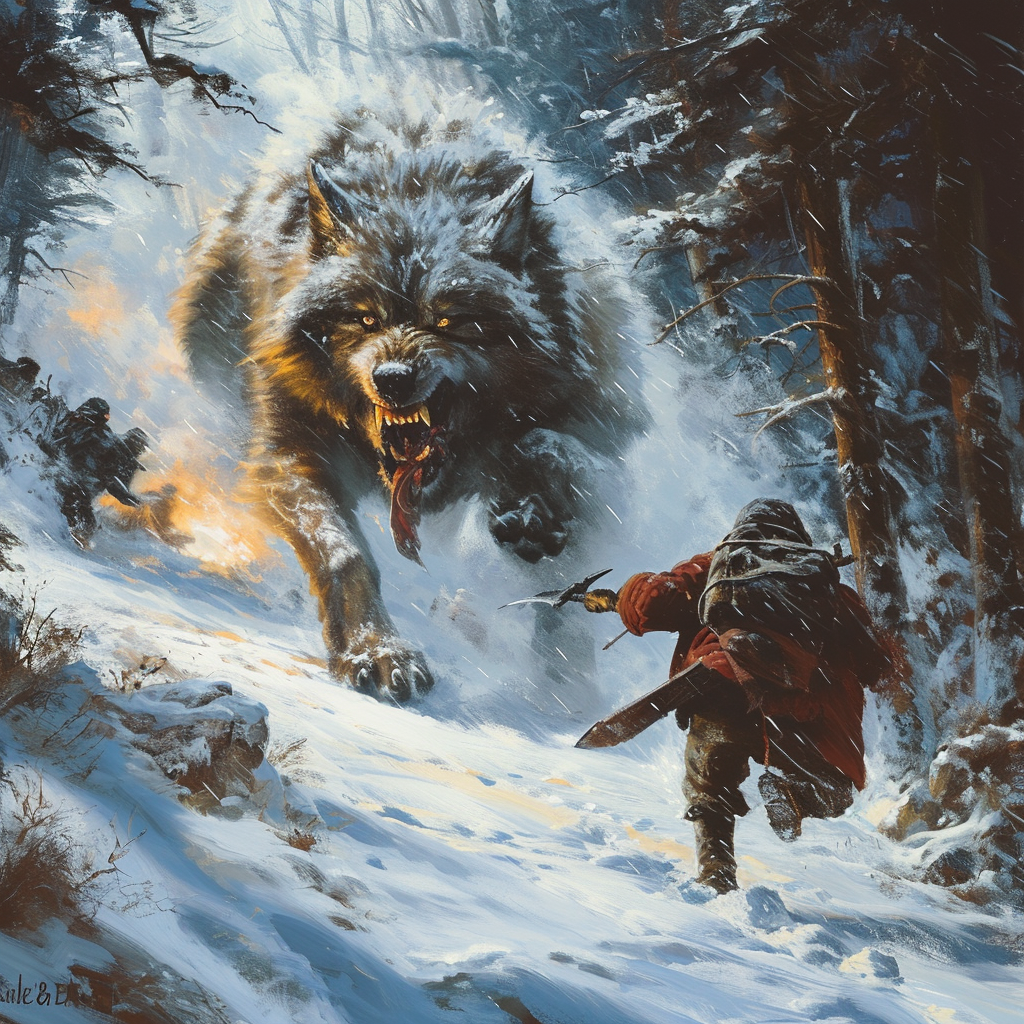 Dire wolf attacking camp in winter