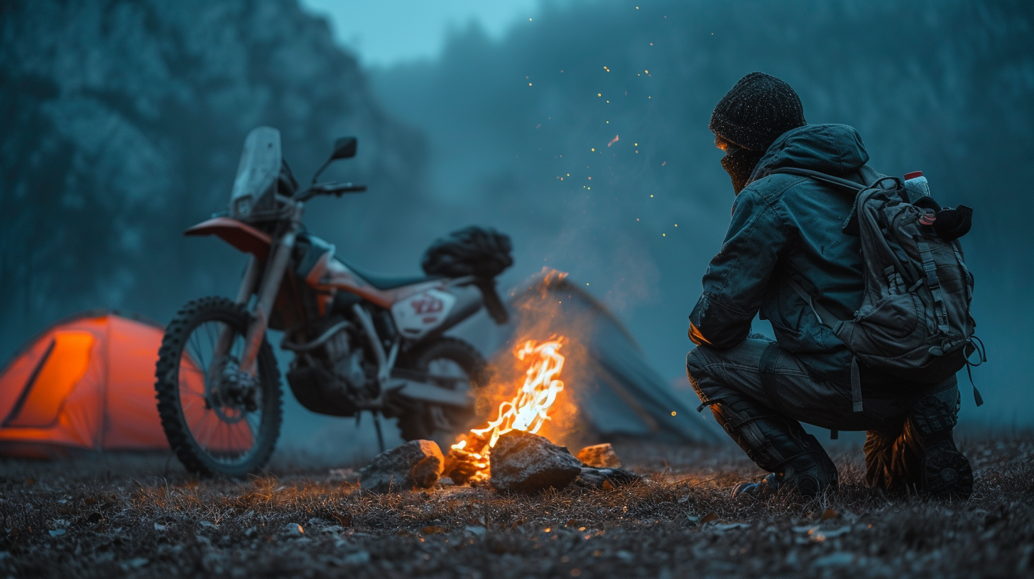 Adventure dirt bike rider resting near bonfire