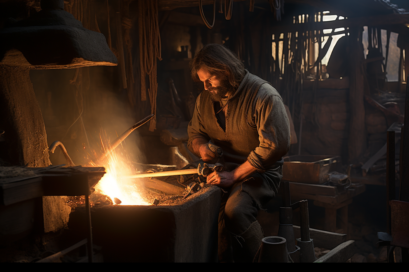 Dirty blacksmith in medieval village crafting