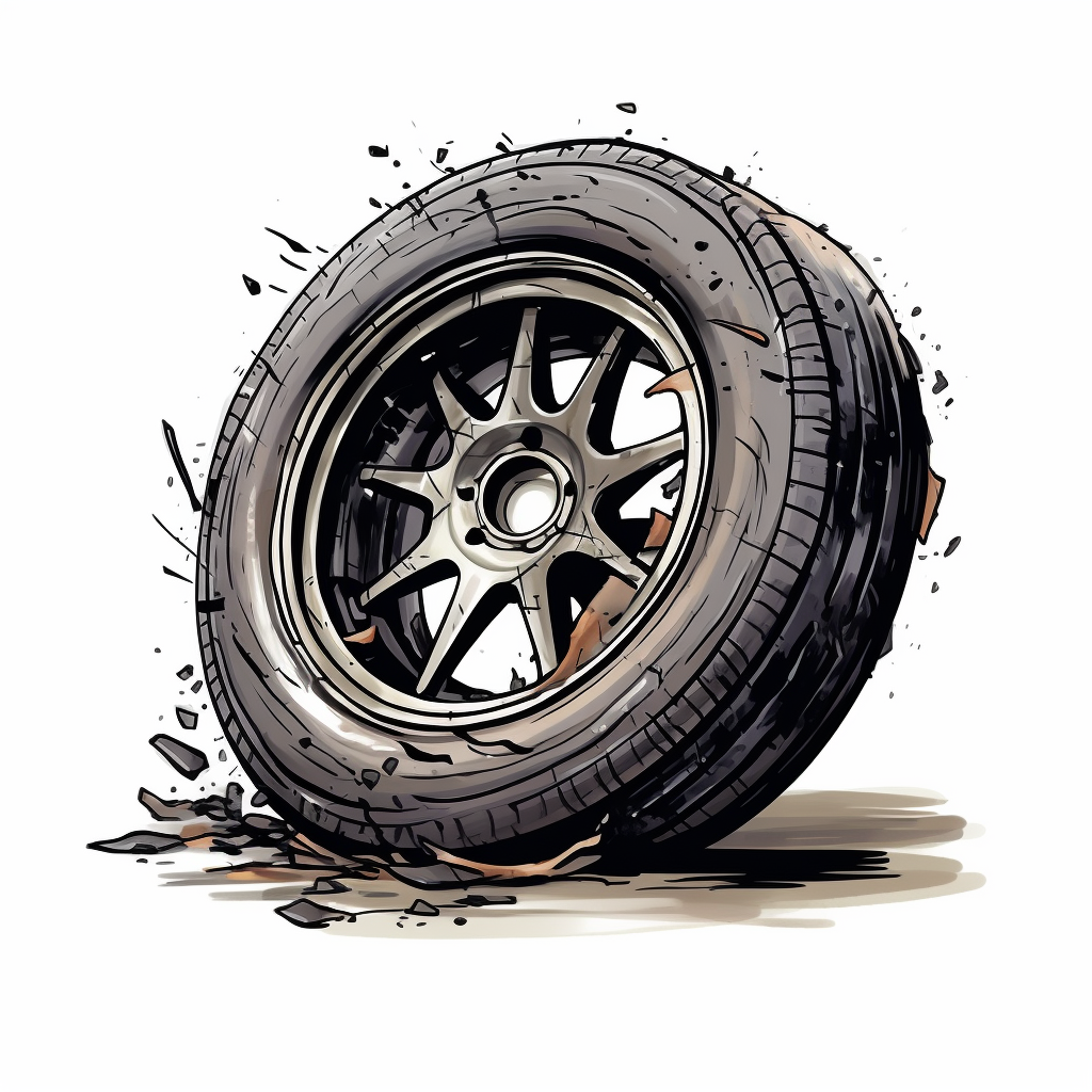 Cartoon image of dirty car with broken wheel tyre