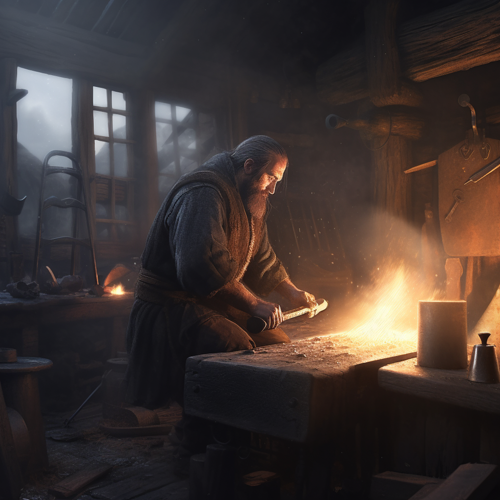 Skilled blacksmith hammering on anvil