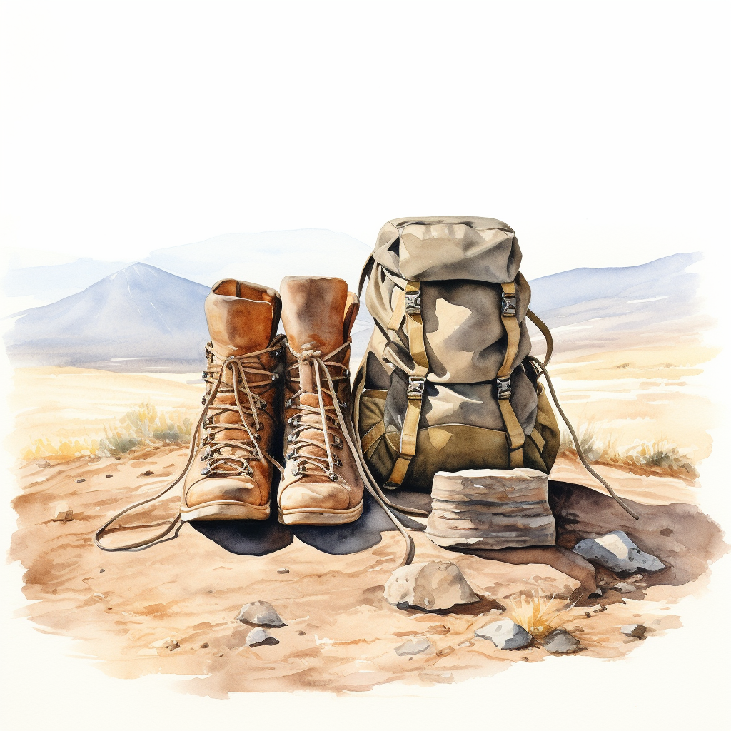 Two pairs of dirty hiking shoes and haversack in front of mountains