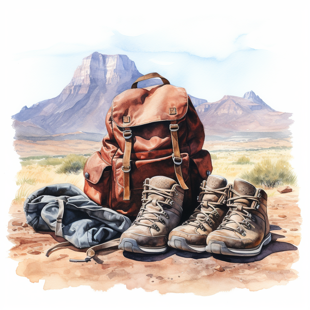 Dirty hiking shoes and haversack in surreal watercolor