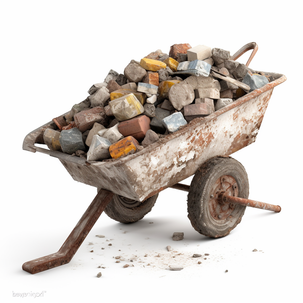 Dirty wheelbarrow filled with reclaimed bricks and rubble