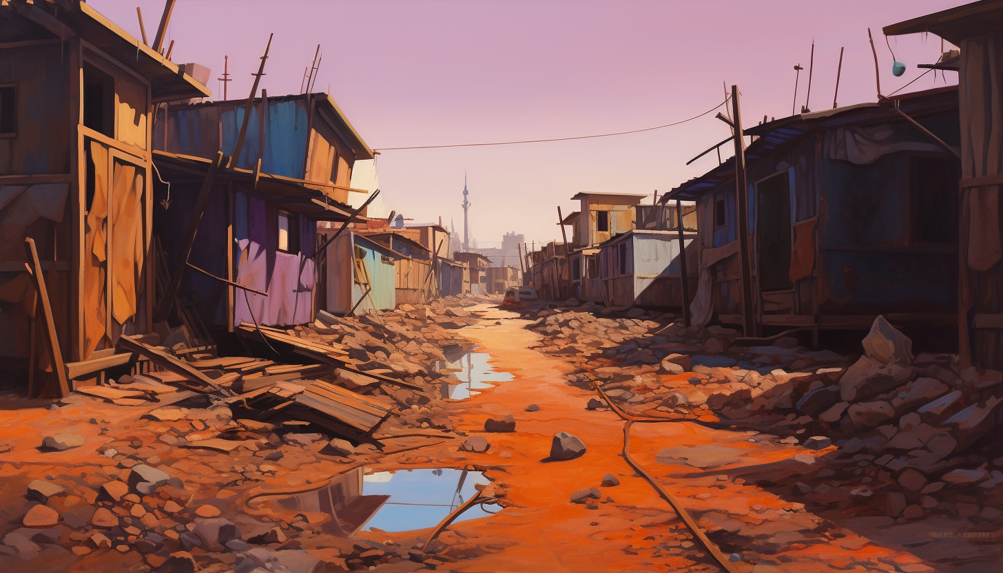 View of narrow street with dirty wooden walls