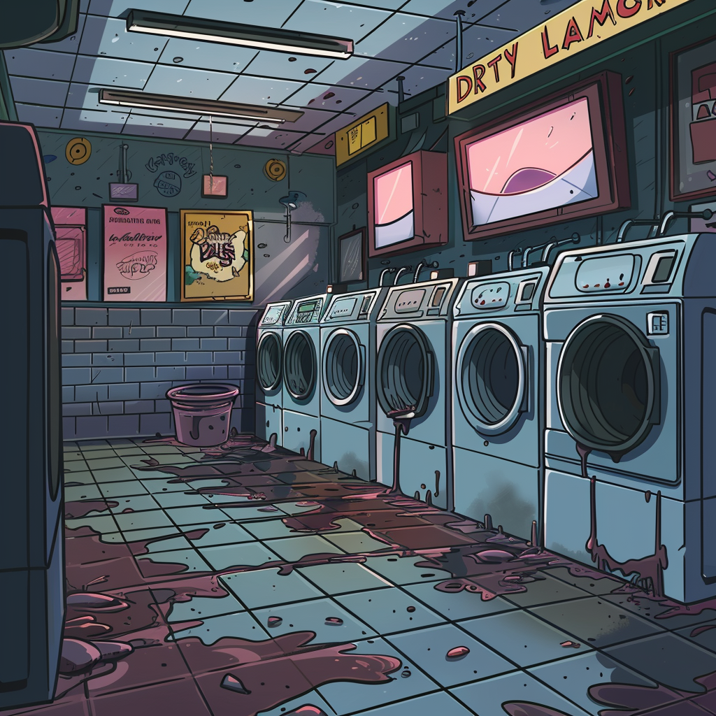 Cartoon laundromat with dirty clothes