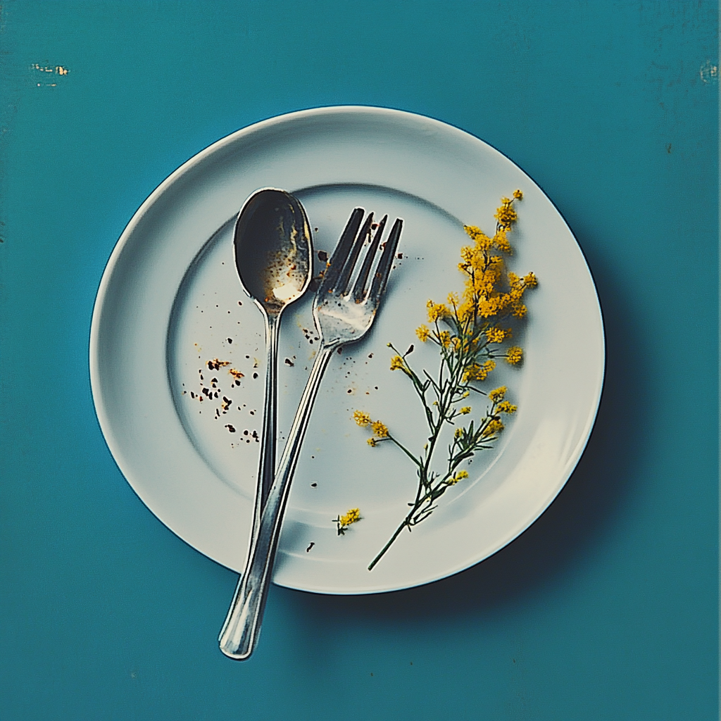 Dirty plate with spoon, fork, mimosa on blue background