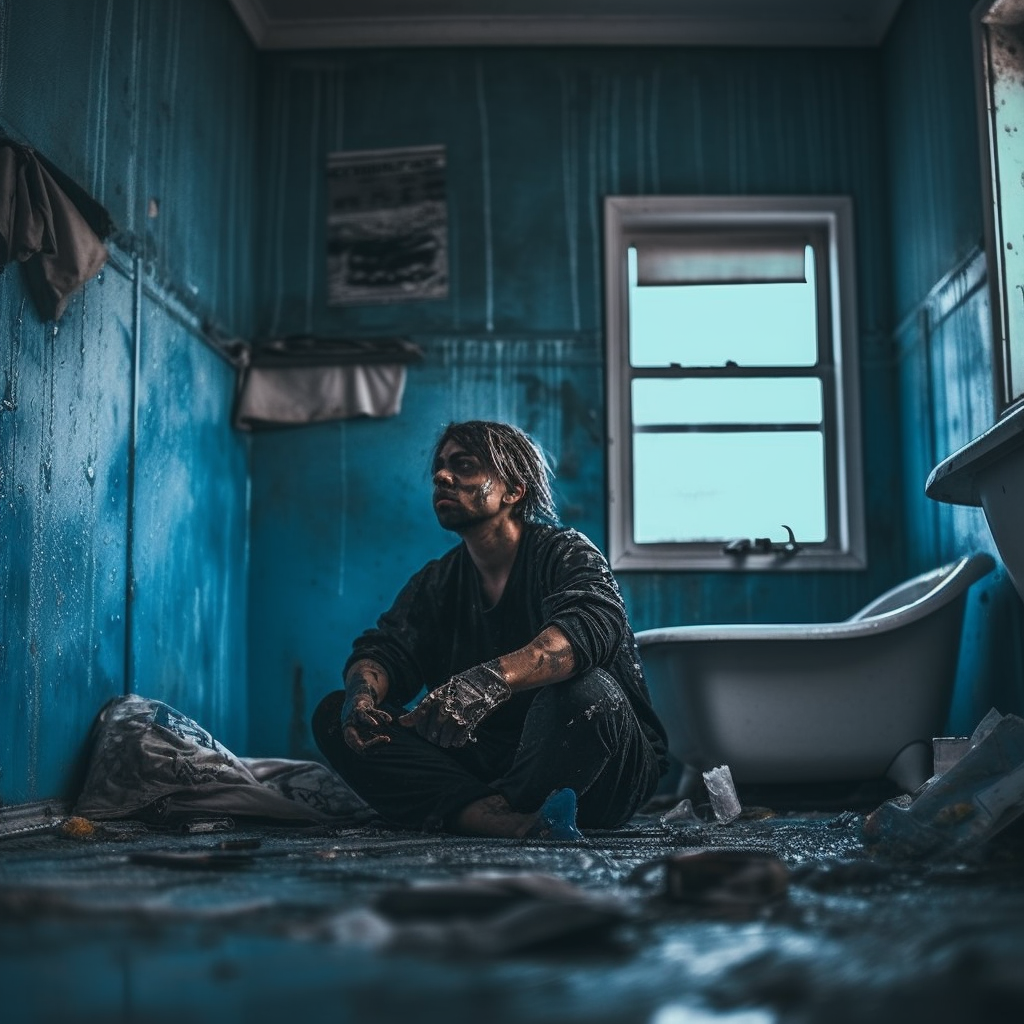 Dirty man swirling blue liquid in bathroom