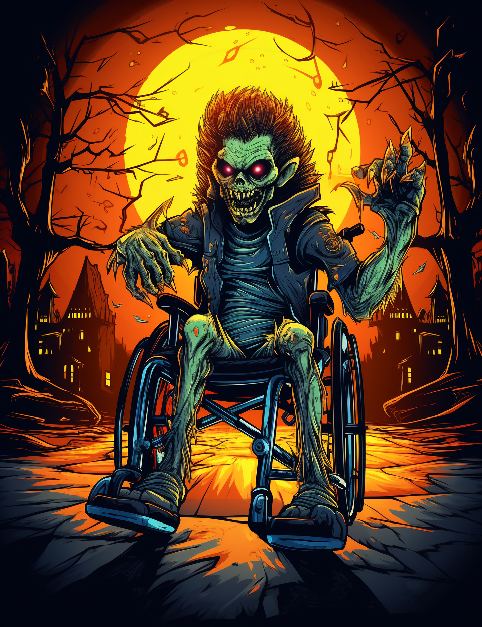 Cute disabled werewolf in Halloween wheelchair