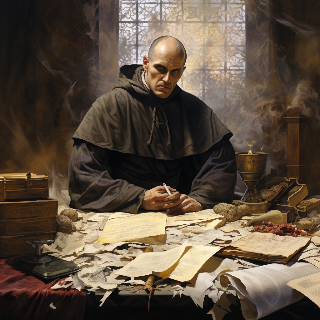 Christian monk disappointed with ink and parchment