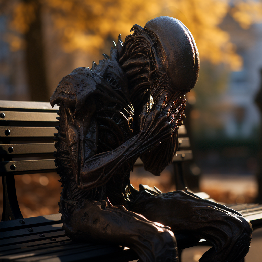 Sad xenomorph sitting on a bench