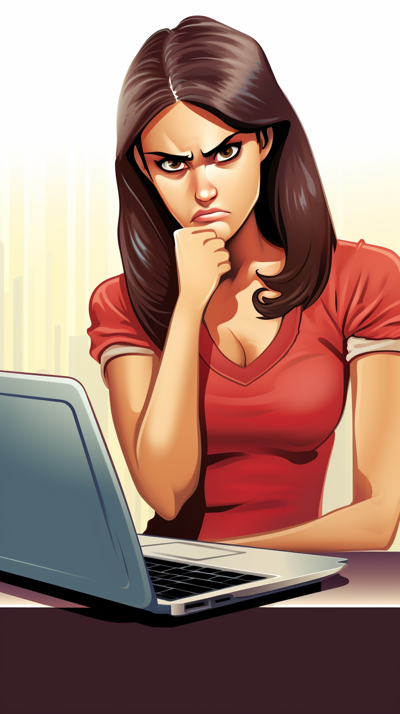 Disappointed woman looking at computer with thumbs down