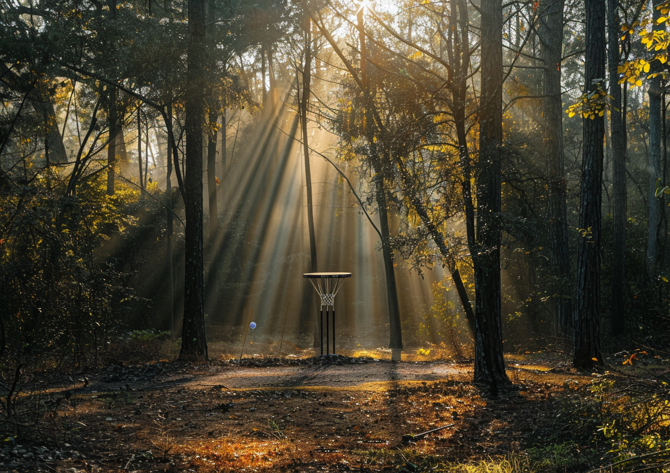 Disc golf basket in morning forest