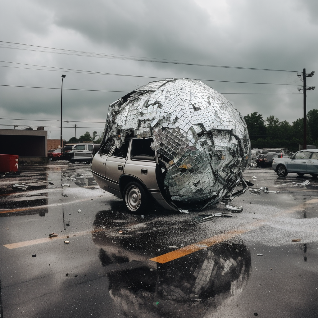 Crashed disco ball in parking lot