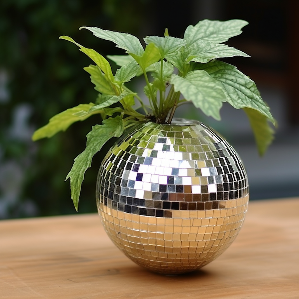 Disco Ball Planter with Seedling Leaf