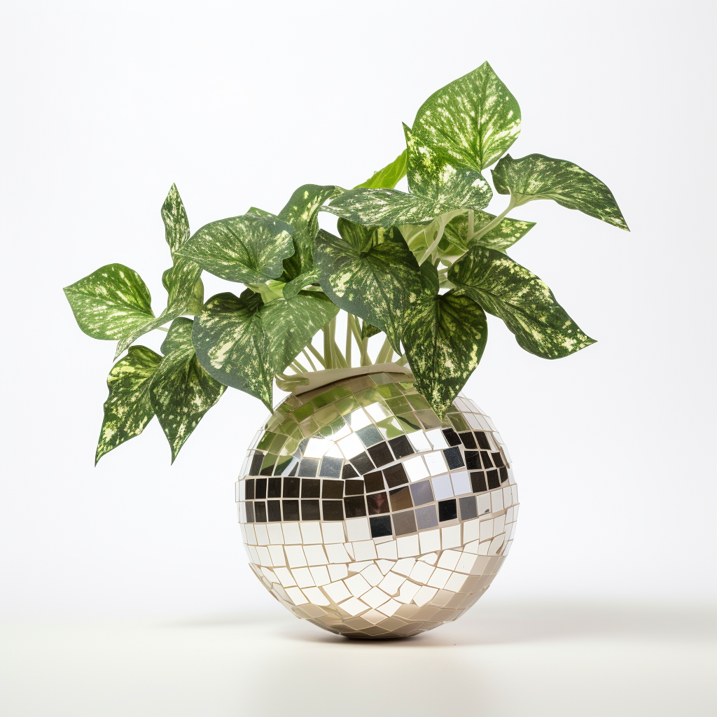 Disco ball planter with single leaf on white background