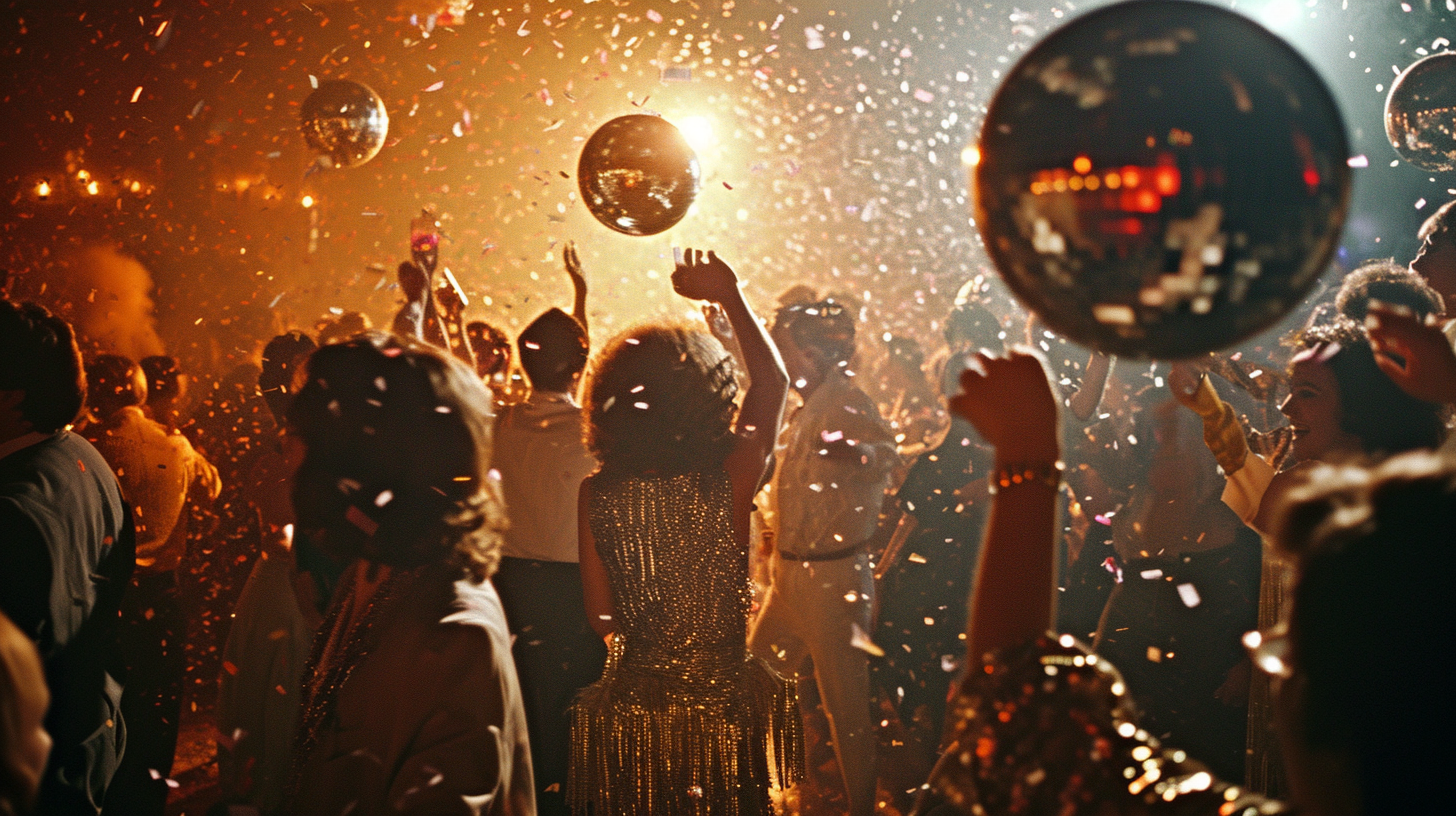 People celebrating at disco-themed New Year's party