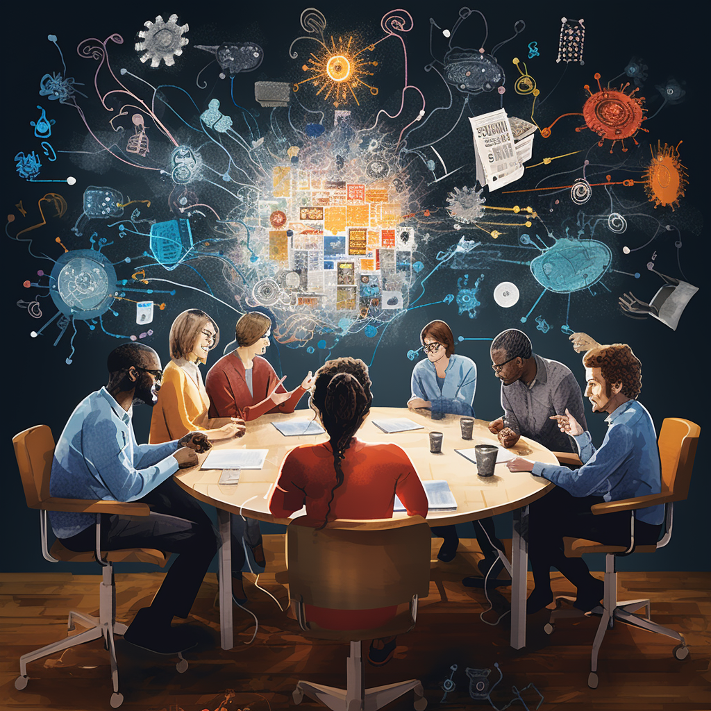 Group discussing ideas with visual thought icons