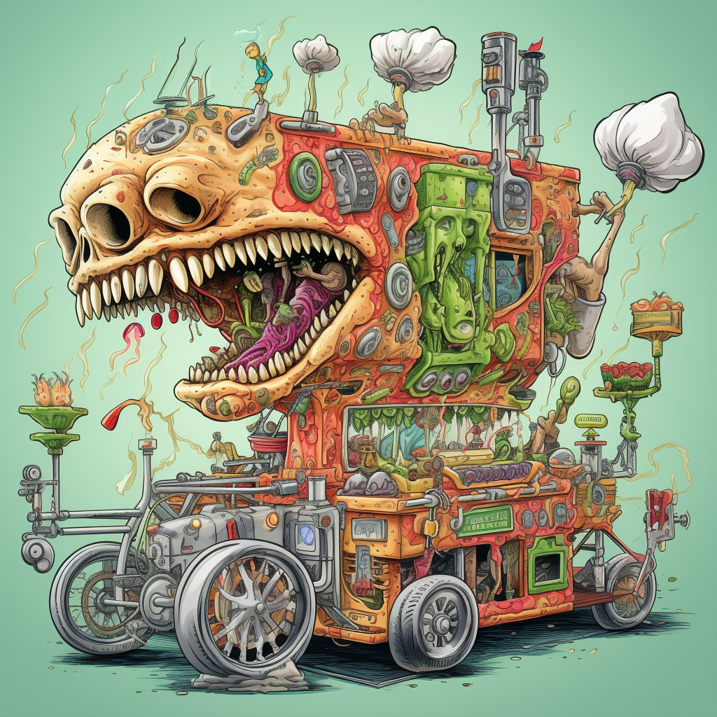 Cartoon illustration of diesel-driven pizza engines