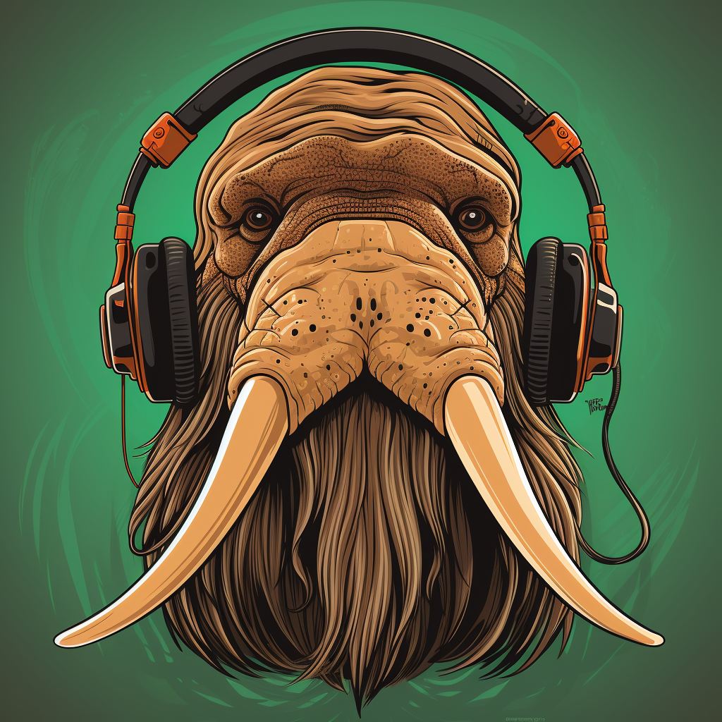 Playful walrus head wearing headphones