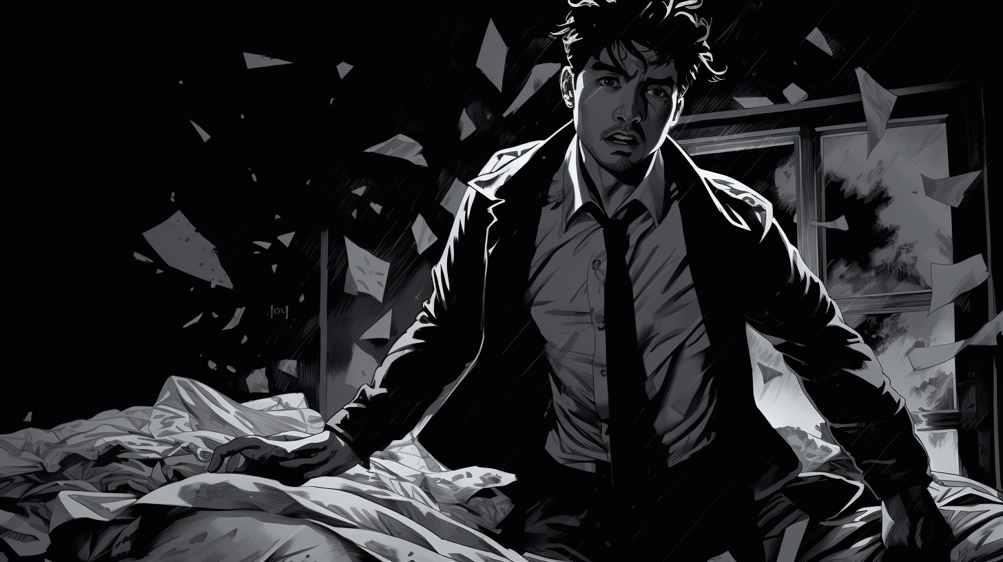 Comic book image of a disheveled young man in a suit crossing a dark room at night