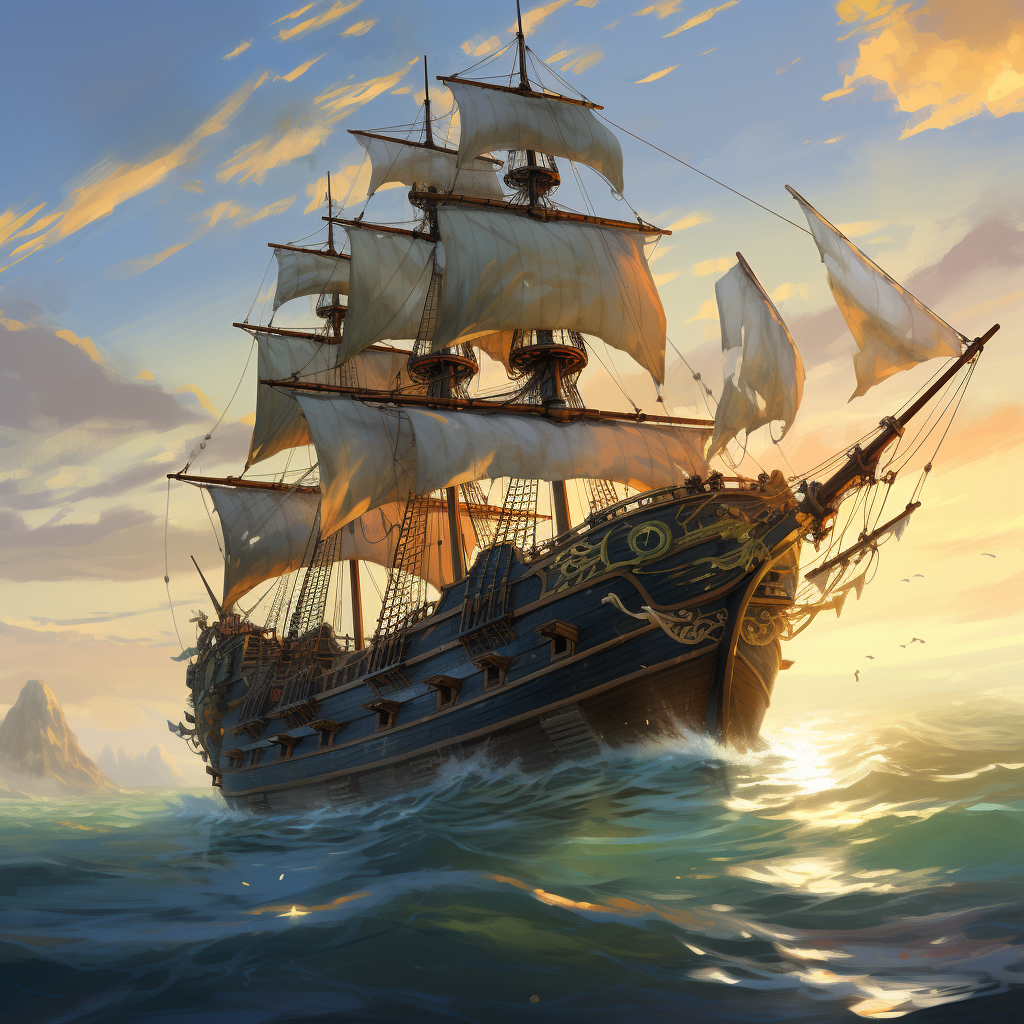 Dishonored medieval warship sailing on serene sea