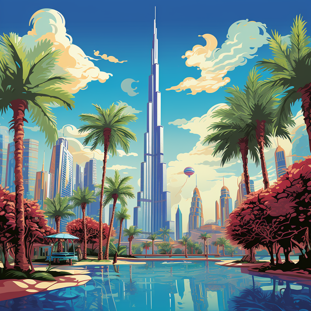 Whimsical Disney Burj Khalifa surrounded by trees