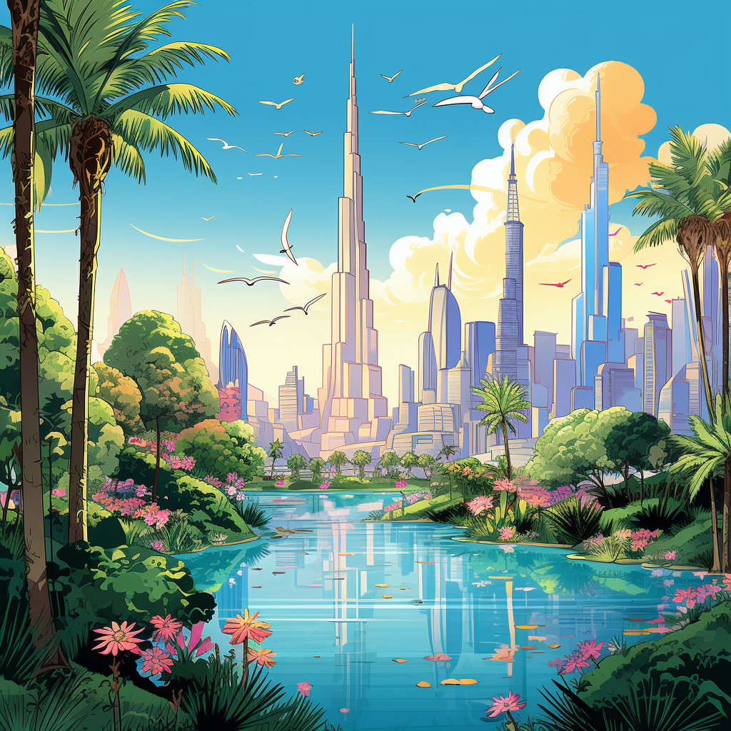 Whimsical Disney Illustration with Burj Khalifa and Trees