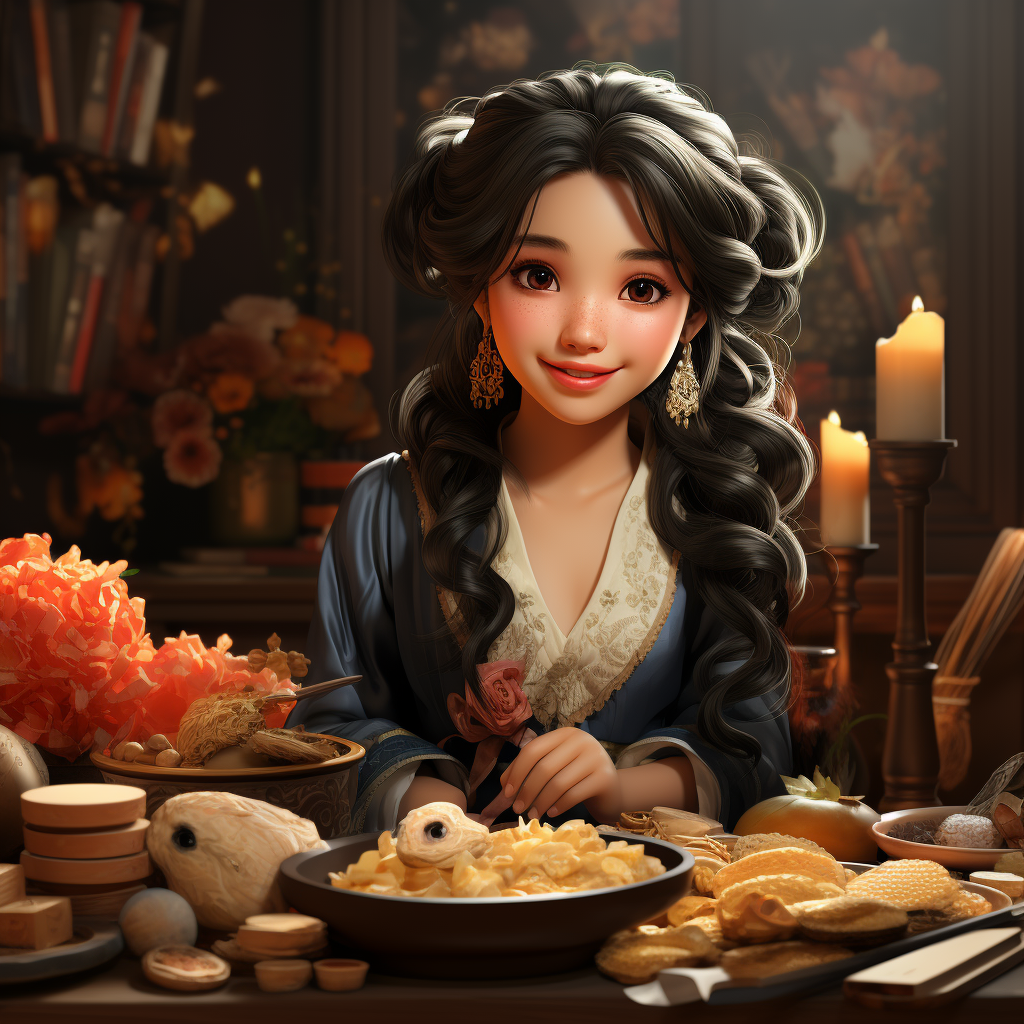 Disney characters eating udon in hanbok