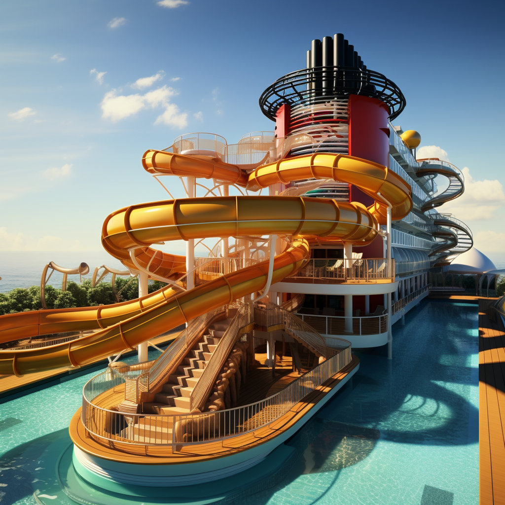 Disney cruise ship with water slide and pool