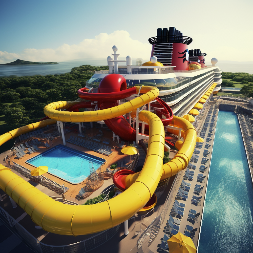 Disney Cruise Ship with Yellow Water Slide and Pool