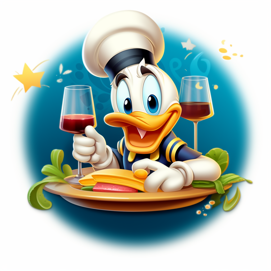 Disney characters enjoying food and wine