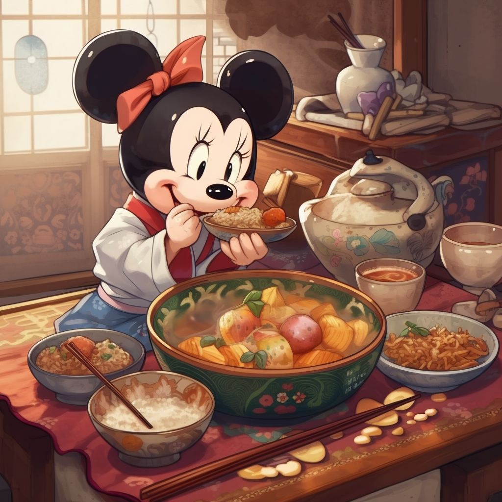 Disney characters in hanbok enjoying udon