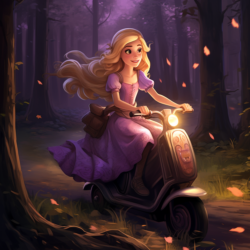 Rapunzel on scooter through woods