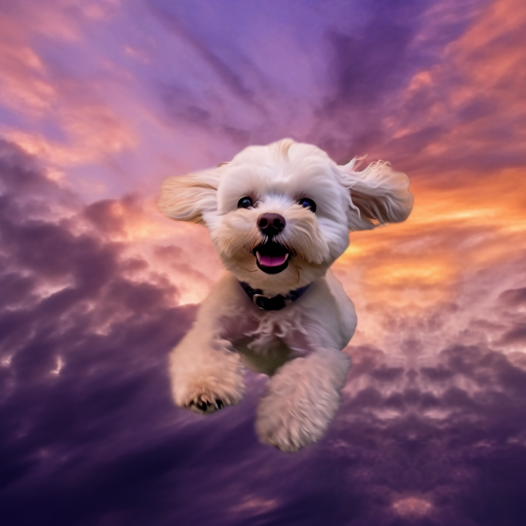 Cute Maltipoo Flying in Purple Sunset Sky