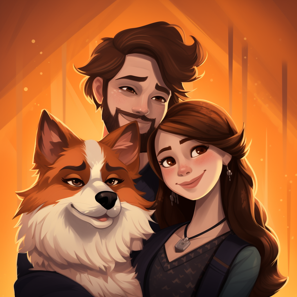 Woman, Man, and Corgi in Disney Art Style