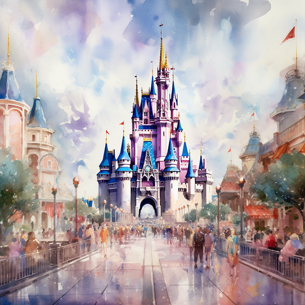 Watercolor illustration of Disney World characters