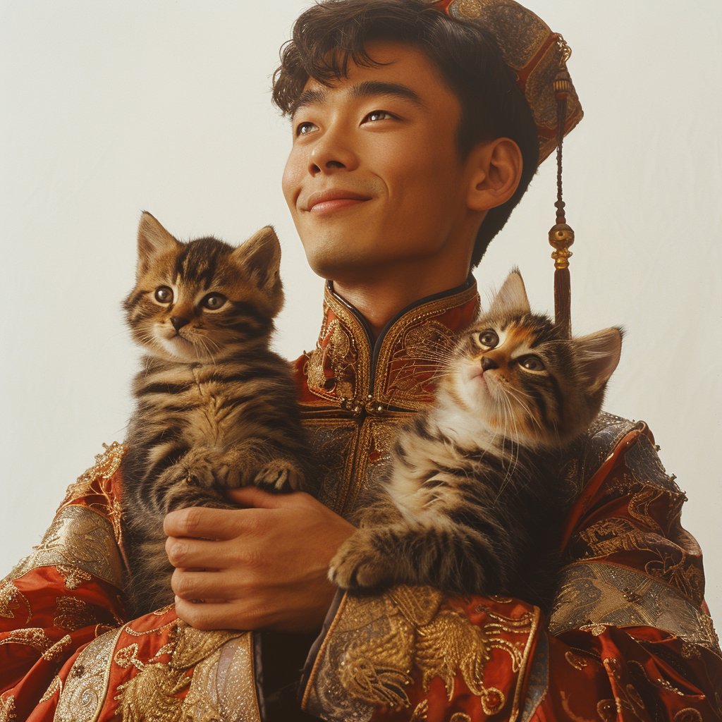 Chinese man holding kittens smiling