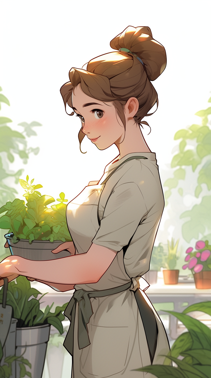 16-year-old woman gardening in a beautiful flower garden