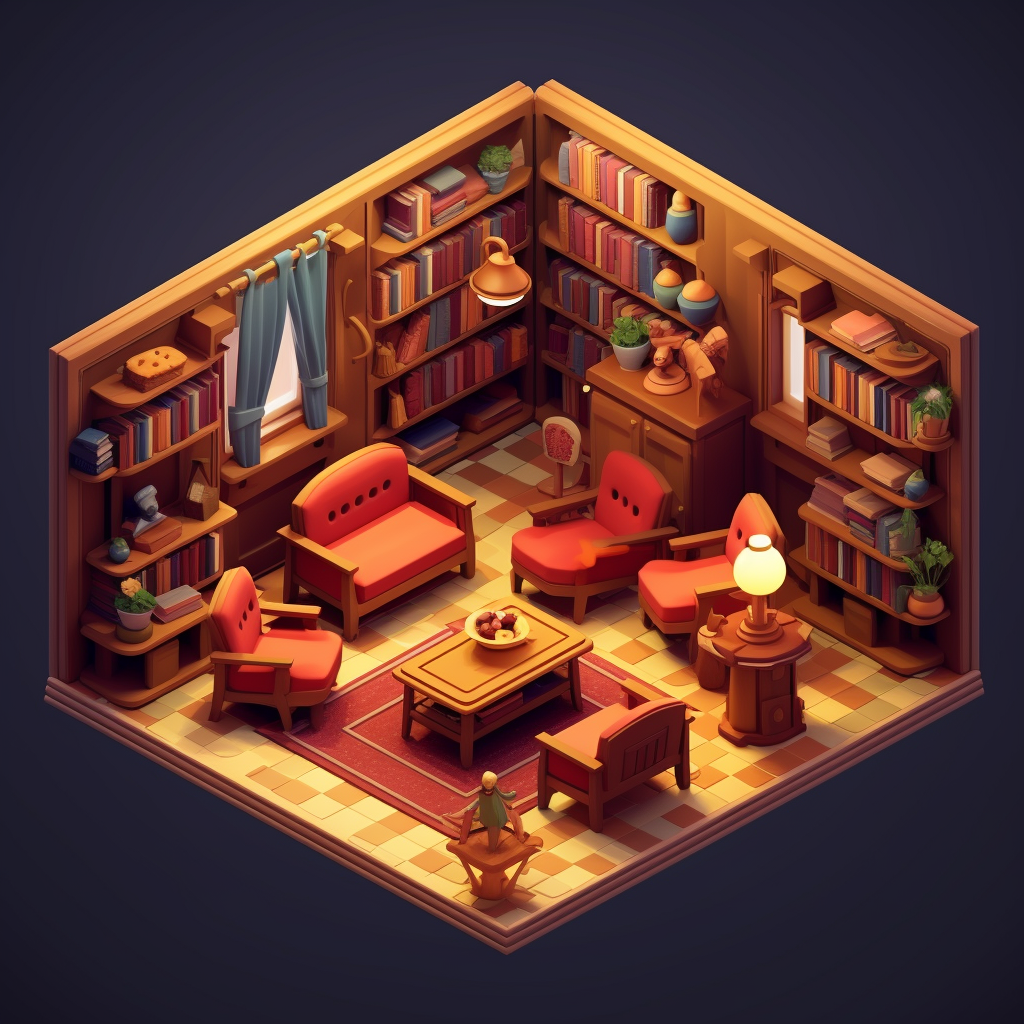 Isometric Disney-inspired library room scene